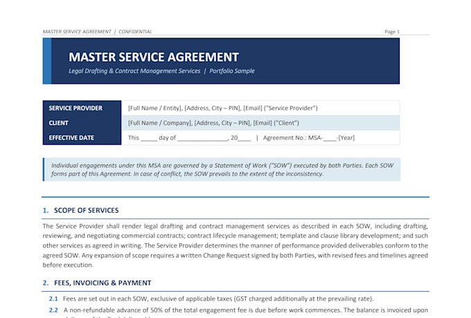 draft nda, service agreement and business contracts